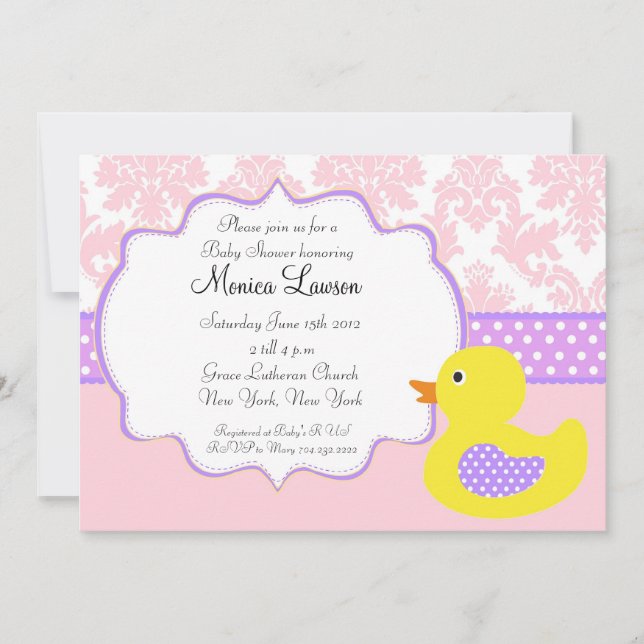 Pink Damask Ducky Modern Baby Shower Invitation (Front)