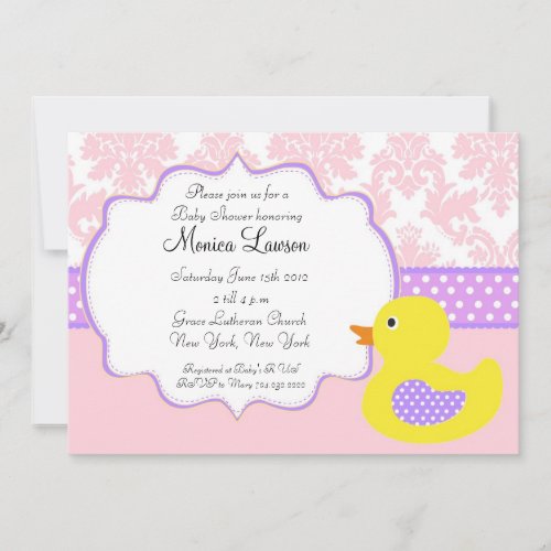 Pink Damask Ducky Modern Baby Shower Invitation