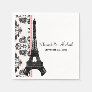 Pink Damask Eiffel Tower Wedding Paper Napkins