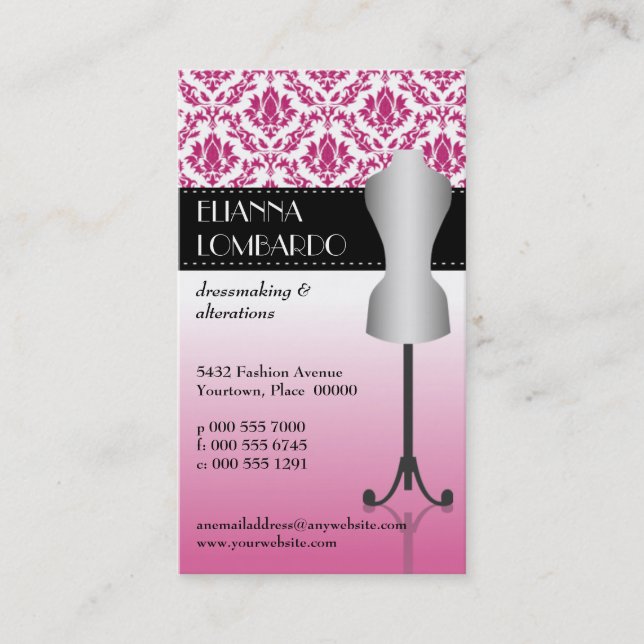Pink Damask Fashion Dress Form Business Card (Front)