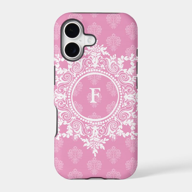 Pink Damask Filigree Custom Initial Iphone Case (Back)