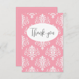 Pink Damask Flat Thank You Card