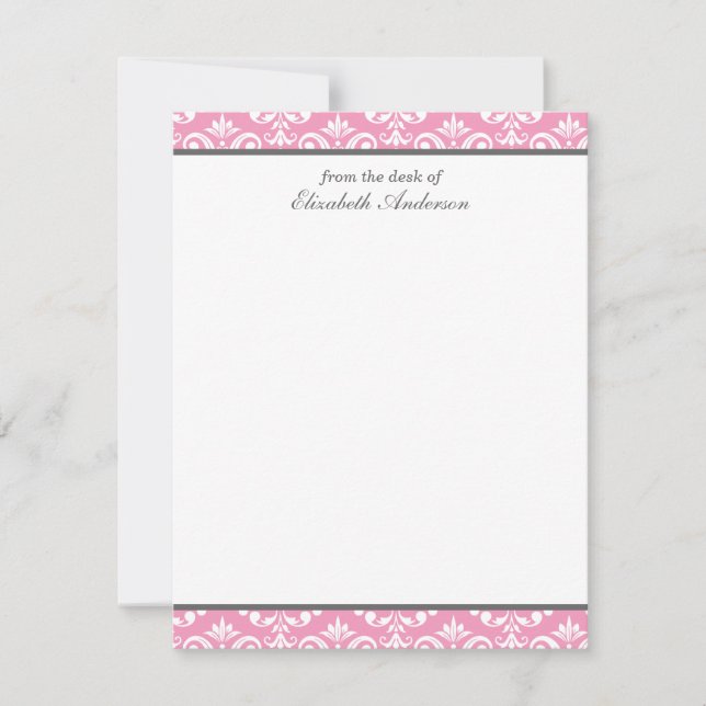 Pink Damask Flat Thank You Notes Invitation (Front)