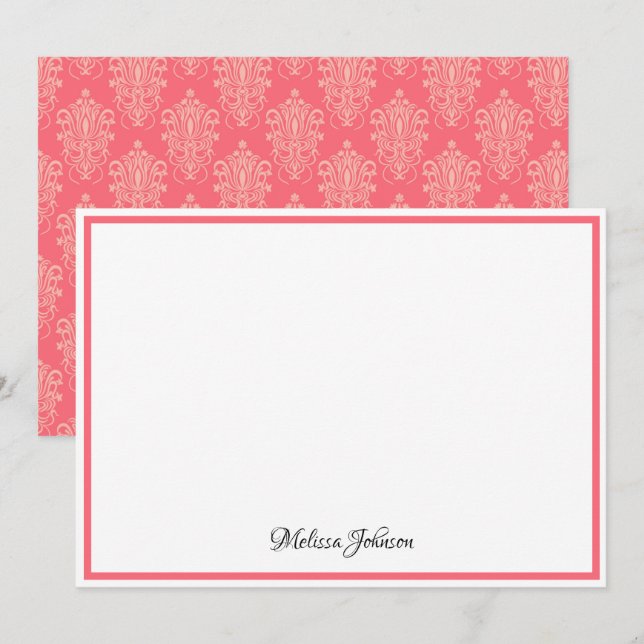 Pink Damask Floral Elegant Girly Monogram Note Card (Front/Back)