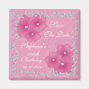 Pink Damask & Flowers 100th Birthday Magnet