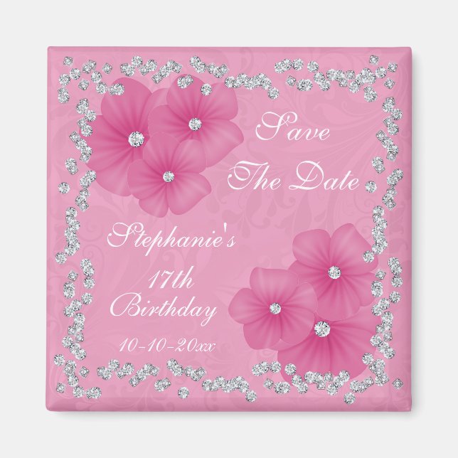 Pink Damask & Flowers 17th Birthday Magnet (Front)