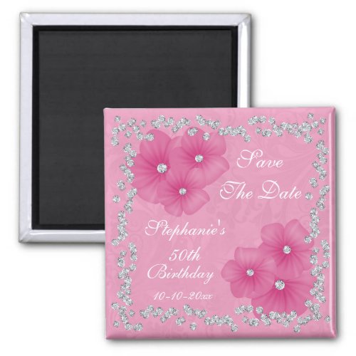 Pink Damask  Flowers 50th Birthday Magnet