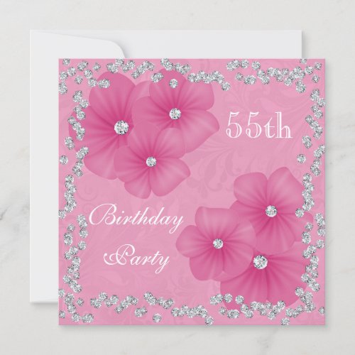 Pink Damask  Flowers 55th Birthday Invitation