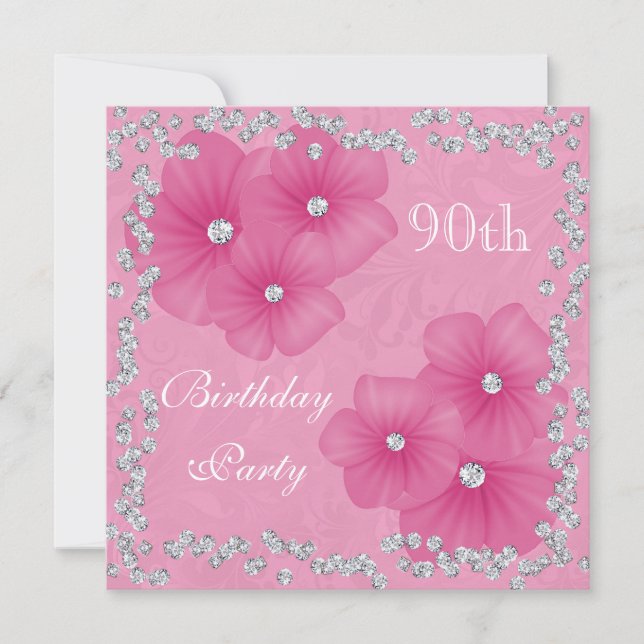 Pink Damask & Flowers 90th Birthday Invitation (Front)