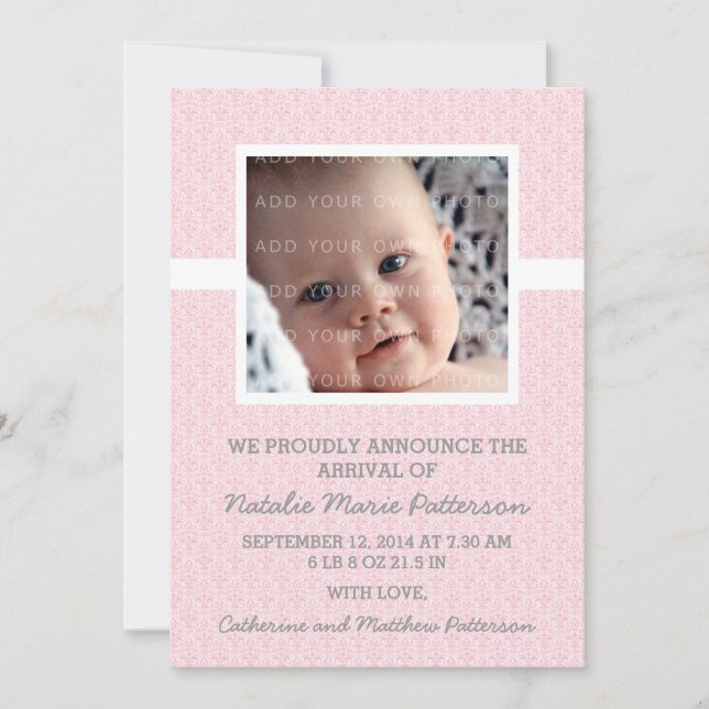 Pink Damask Frame Photo Baby Announcement (Front)