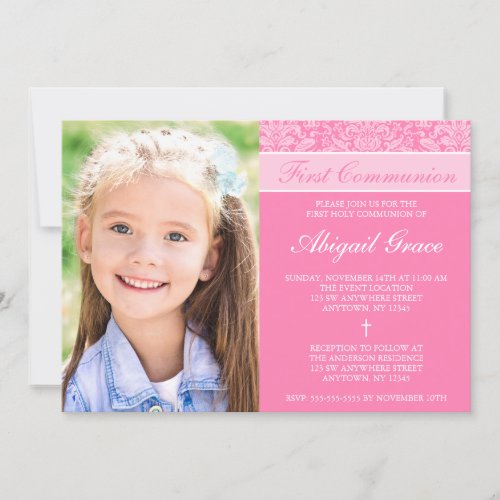 Pink Damask Girl Photo First Communion Invites