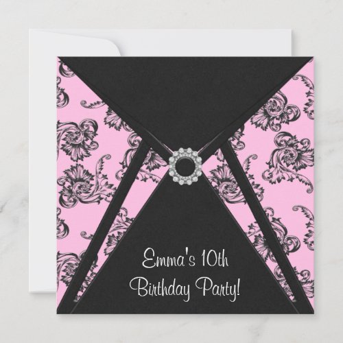 Pink Damask Girls 10th Birthday Party Invitation