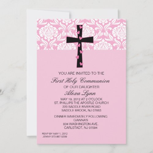 Pink Damask Girls Communion Invitation
