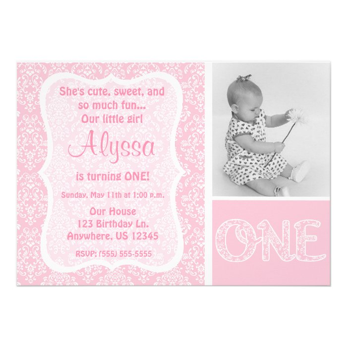 Pink Damask Girls First Birthday Invitation