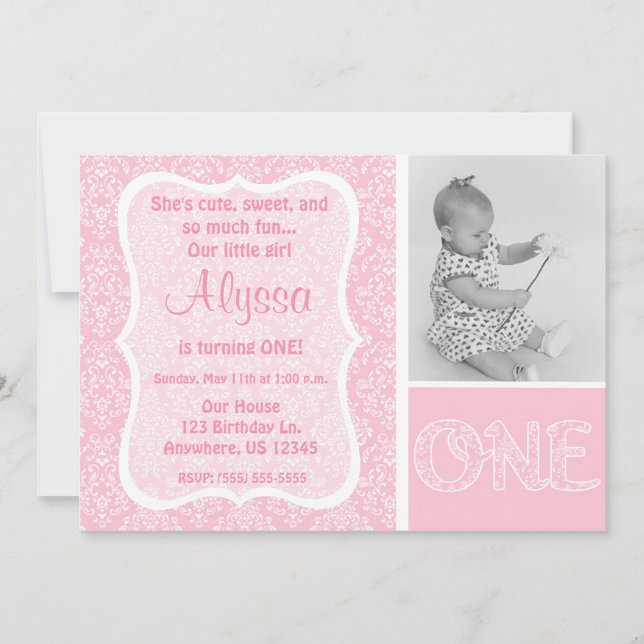 Pink Damask Girls First Birthday Invitation (Front)