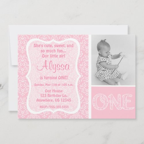 Pink Damask Girls First Birthday Invitation