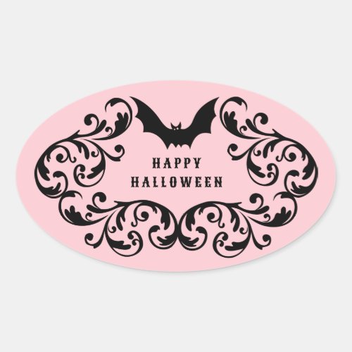 Pink Damask Glam Bats and Spider Happy Halloween Oval Sticker