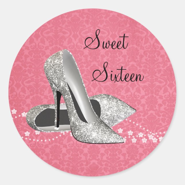 Pink Damask Glitter High Heel Shoes Stickers (Front)