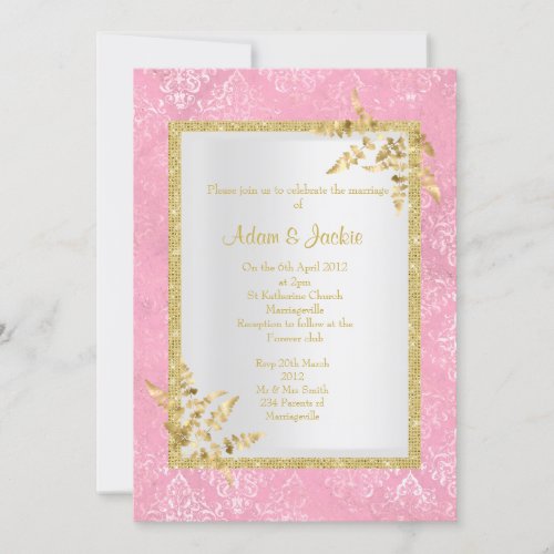 PINK DAMASK GOLD LEAF ELEGANT CLASSY WEDDING INVITATION