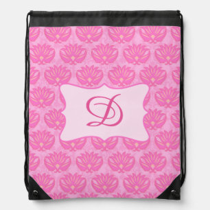 Pink Damask Graphic Art Pattern Monogram Initial Drawstring Bag
