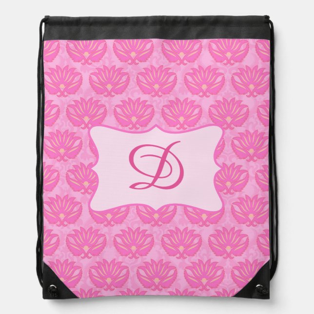 Pink Damask Graphic Art Pattern Monogram Initial Drawstring Bag (Front)