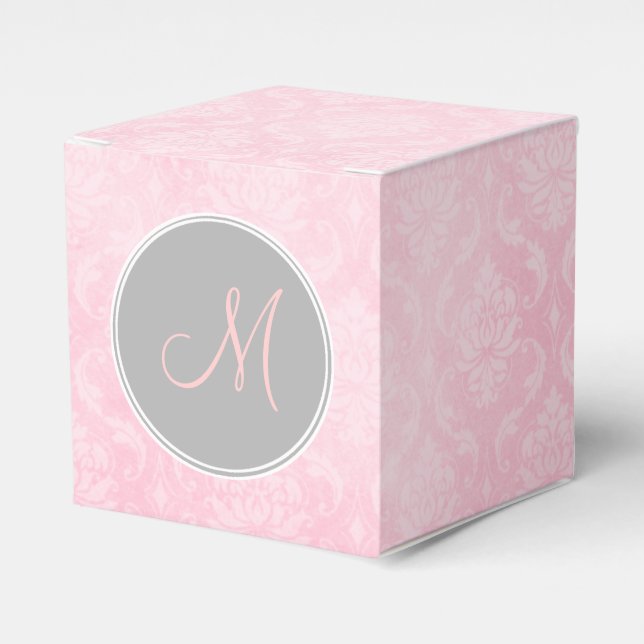 Pink Damask Gray Monogram Favor Box (Front Side)