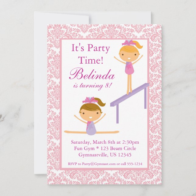 Pink Damask Gymnast Birthday Party Invitation (Front)