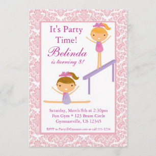 Pink Damask Gymnast Birthday Party Invitation