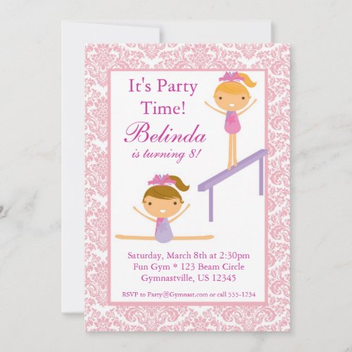 Pink Damask Gymnast Birthday Party Invitation