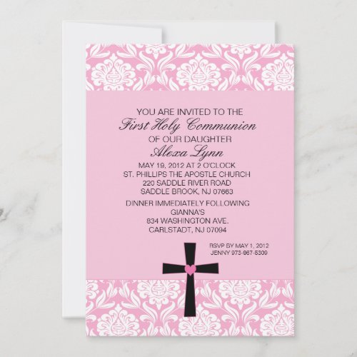 Pink Damask Heart Communion Invitation