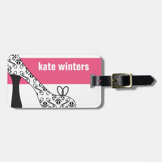 Pink Damask High Heel Stiletto Shoe Luggage Tag (Front Horizontal)