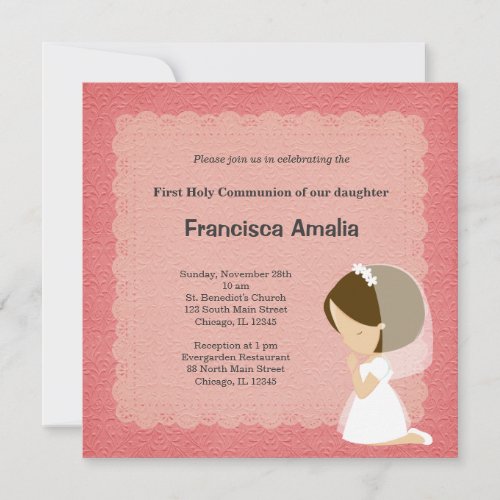 Pink Damask Holy Communion girl Personalized Invite