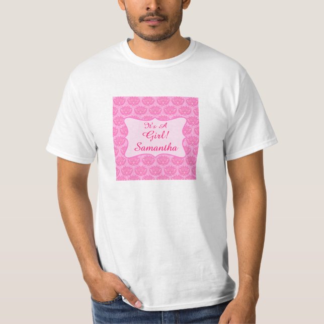 Pink Damask It's A Girl Name Personalized Dad's T-Shirt (Front)