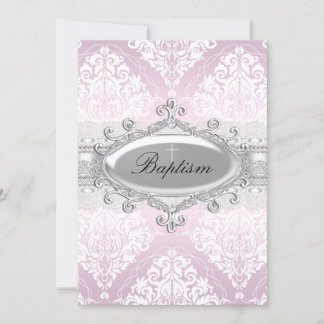 Pink Damask & Jewel Cross Baptism Invitation