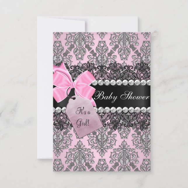 Pink Damask & Lace Girl Baby Shower Invitation (Front)