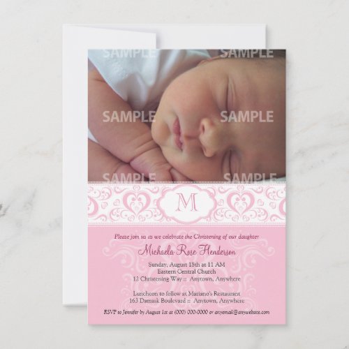 Pink Damask Monogram Baptism/Christening Custom Announcement