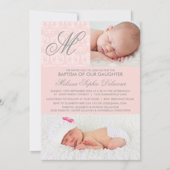 Pink Damask Monogram Baptism Photo Invitation (Front)