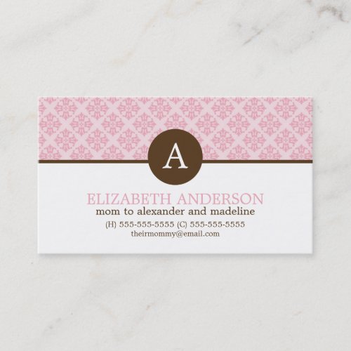 Pink Damask Monogram Pattern Business Card Template