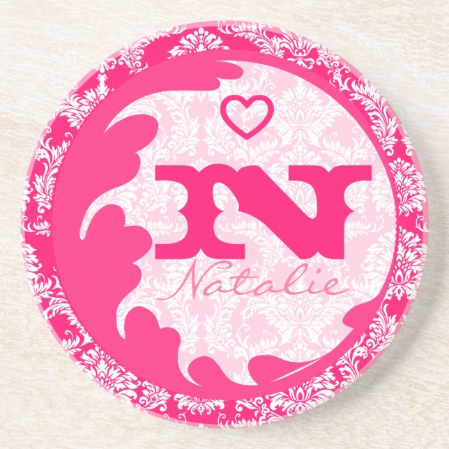 Pink Damask Monogram Personalized Coaster (Front)