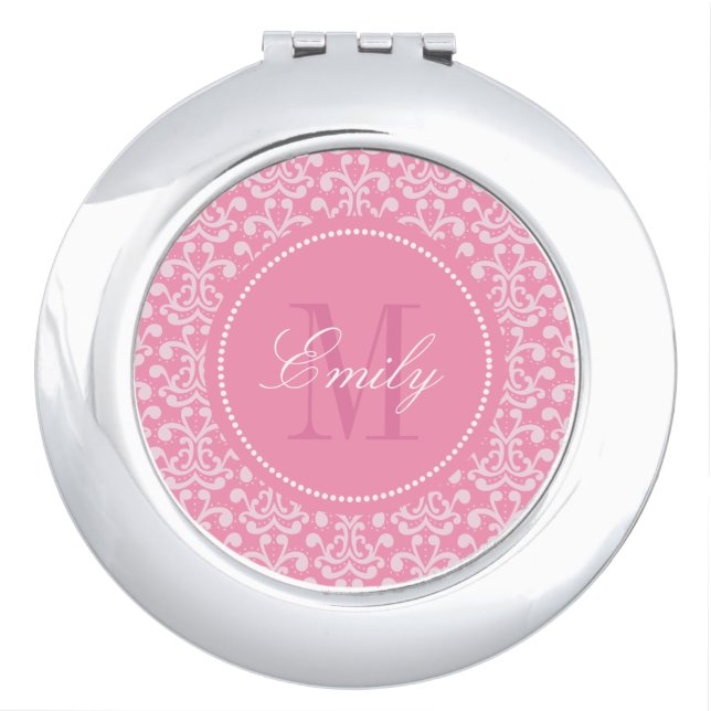 Pink Damask Monogram Personalized Compact Mirror (Front)