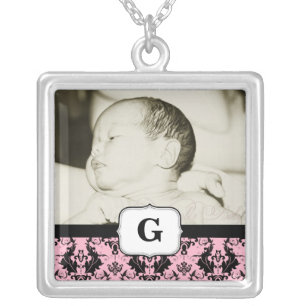 Pink Damask Monogram Photo Necklace