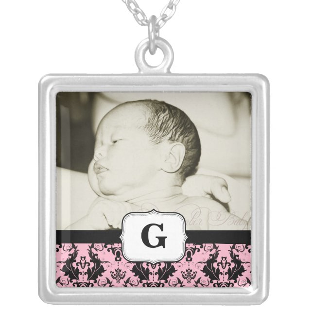 Pink Damask Monogram Photo Necklace (Front)