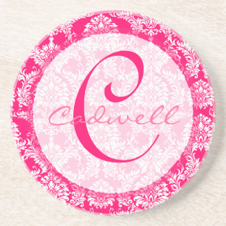Pink Damask Monogram Wedding Anniversary Coaster