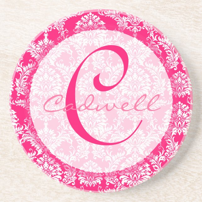 Pink Damask Monogram Wedding Anniversary Coaster (Front)