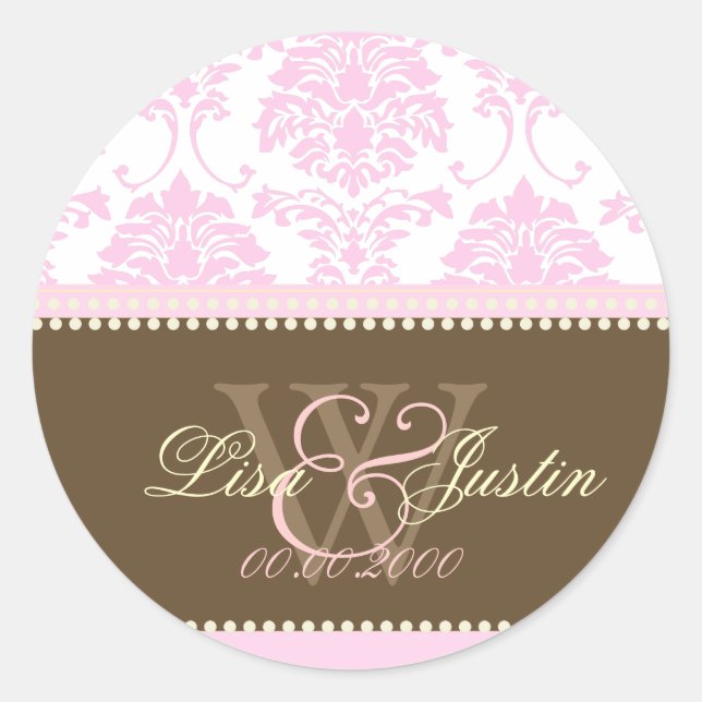 Pink Damask monogram wedding stickers (Front)