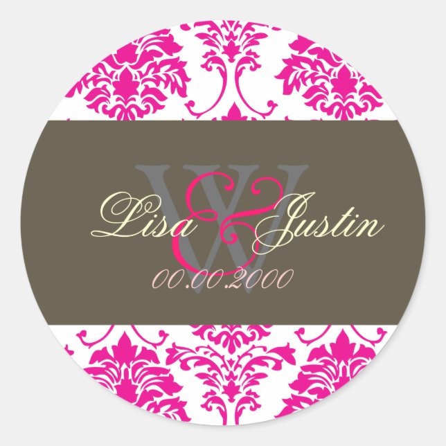 Pink Damask monogram wedding stickers (Front)