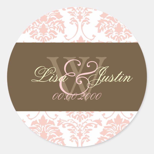 Pink Damask monogram wedding stickers (Front)