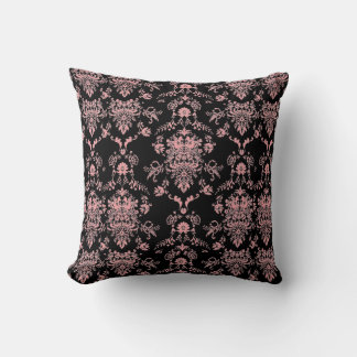 Pink Damask on Black Throw Pillow
