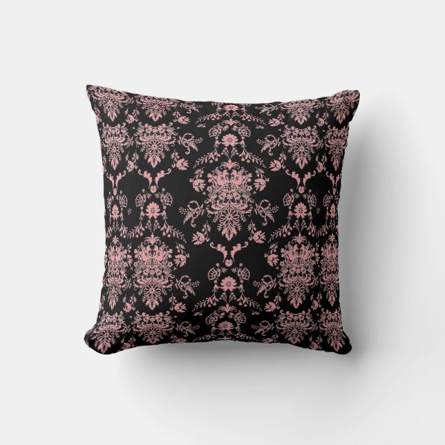 Pink Damask on Black Throw Pillow (Front)