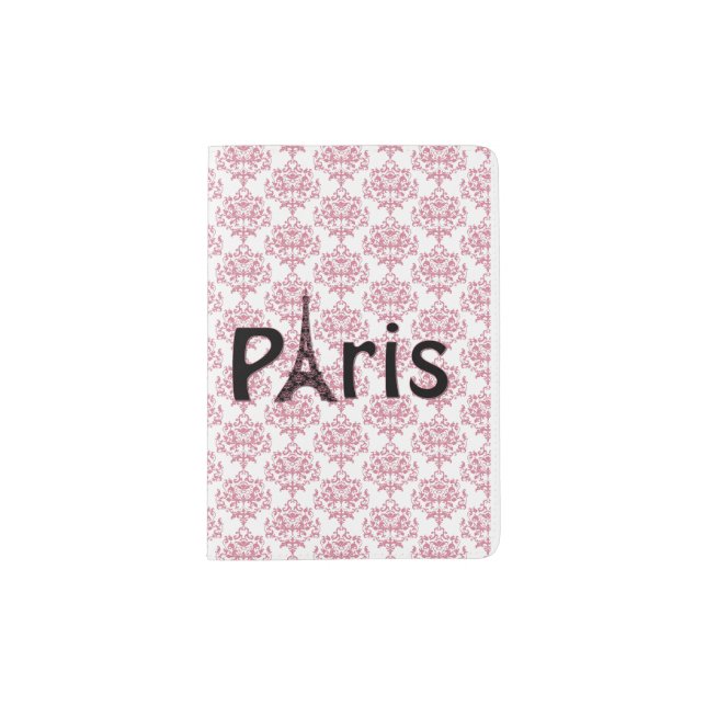 Pink Damask Paris Passport Holder (Front)